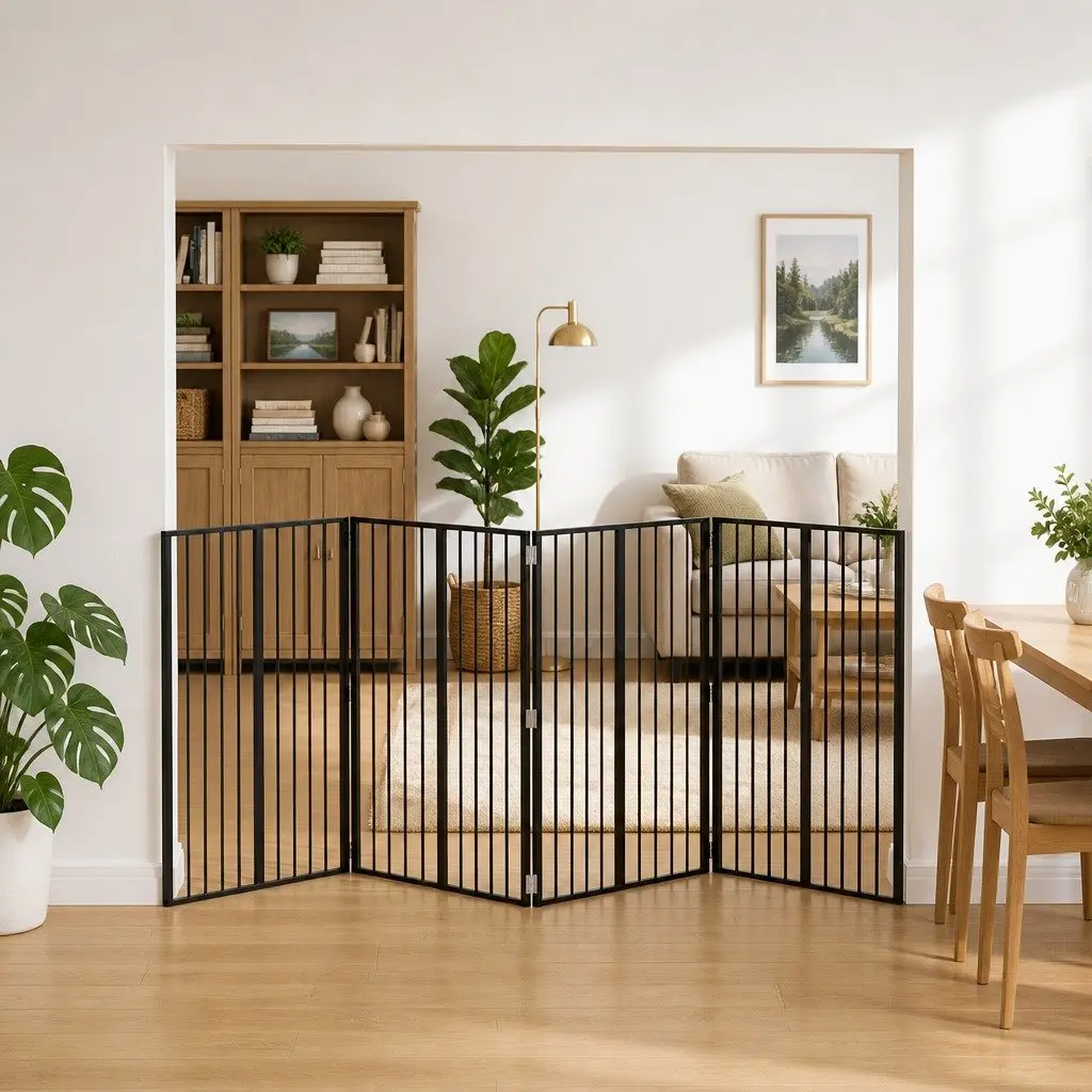 Dog Gate 4 Panels Black Galvanised Steel Foldable Pet Fence Puppy Playpen Barrier