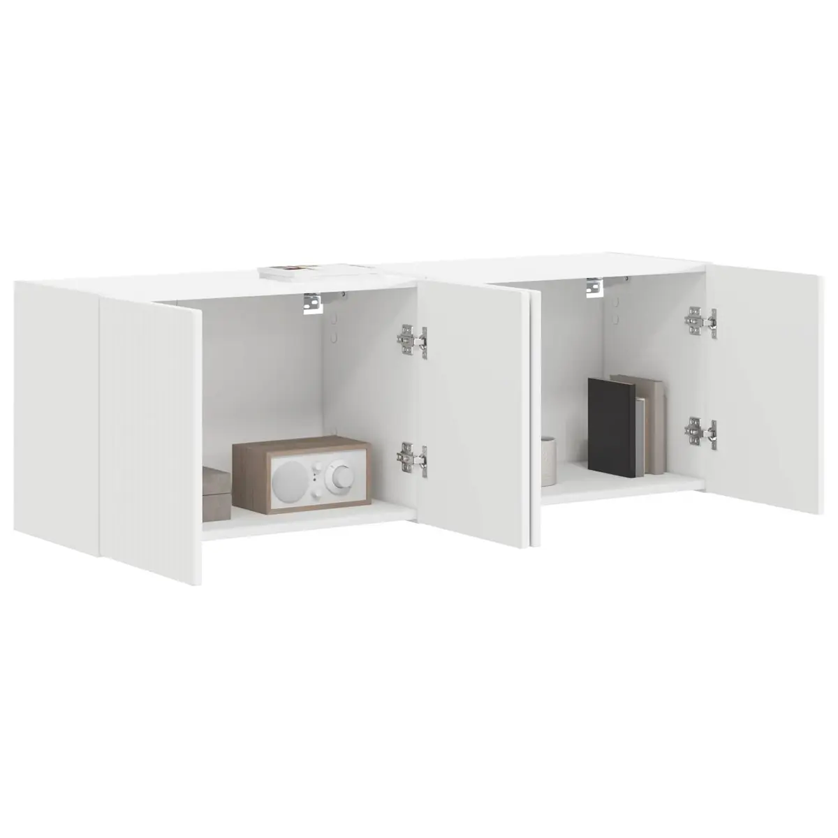 White TV Wall Cabinet 2 pcs Floating Wall Mounted Storage Unit Engineered Wood 90 Degree Swing Doors Multiple Compartments