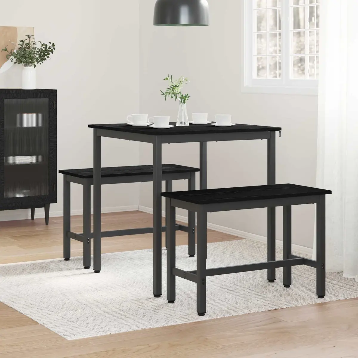 Dining Table 70x70x75cm Black Metal Frame Engineered Wood Surface Modern Kitchen Furniture