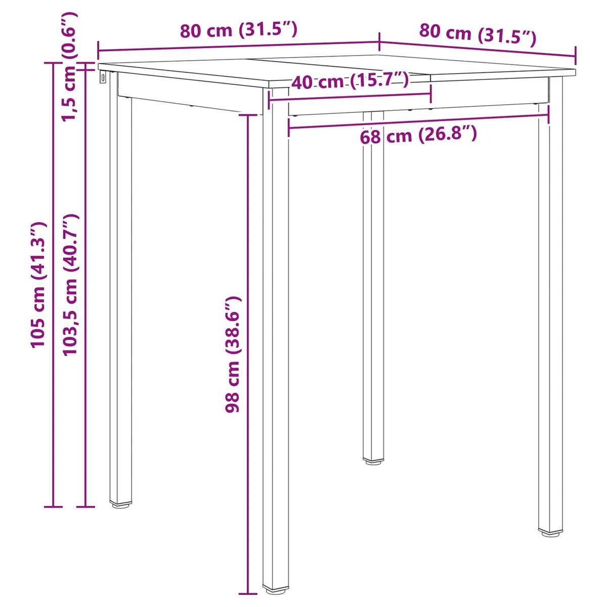 Bar Table 80x80x105cm Solid Pine Wood Surface Metal Base Industrial Style