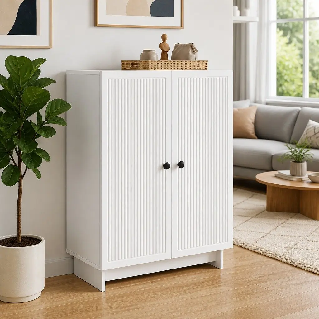 Sideboard White 66 x 34.5 x 90 cm Vintage Style Storage Cabinet with Swing Hinge Doors and Interior Shelves for Living Room Dining Furniture