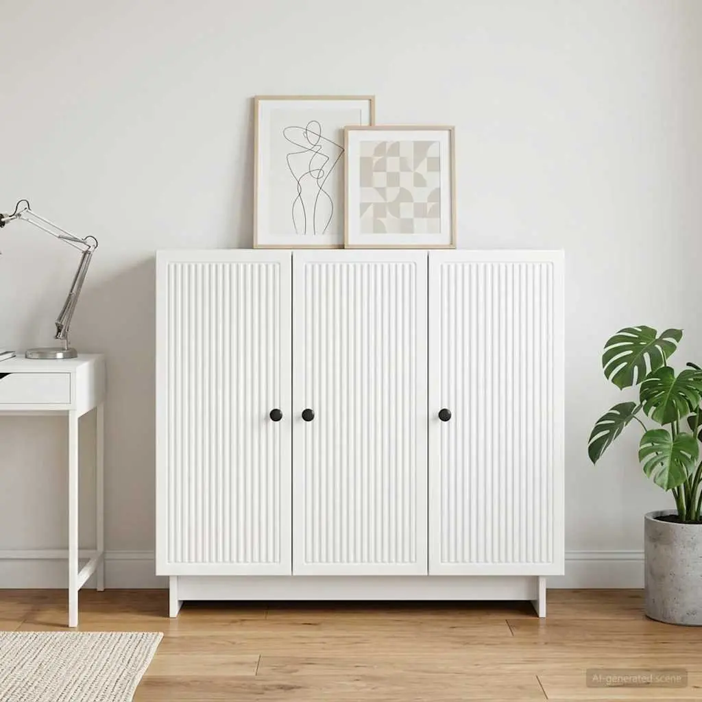 White Sideboard Engineered Wood Rectangular Storage Cabinet with Adjustable Shelves and Swing Doors