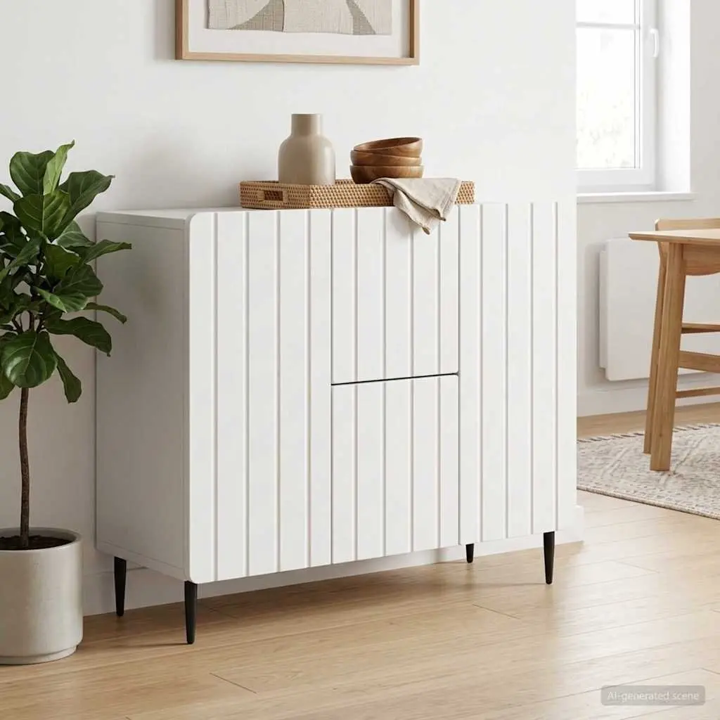 White Sideboard 89cm Engineered Wood Modern Storage Cabinet