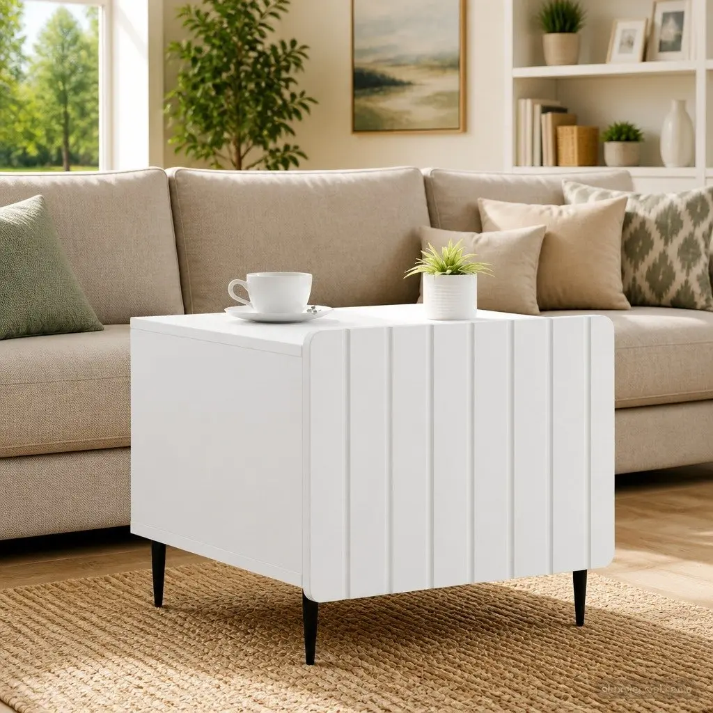 Coffee Table with Drawer White Engineered Wood Modern Dual-Level Living Room