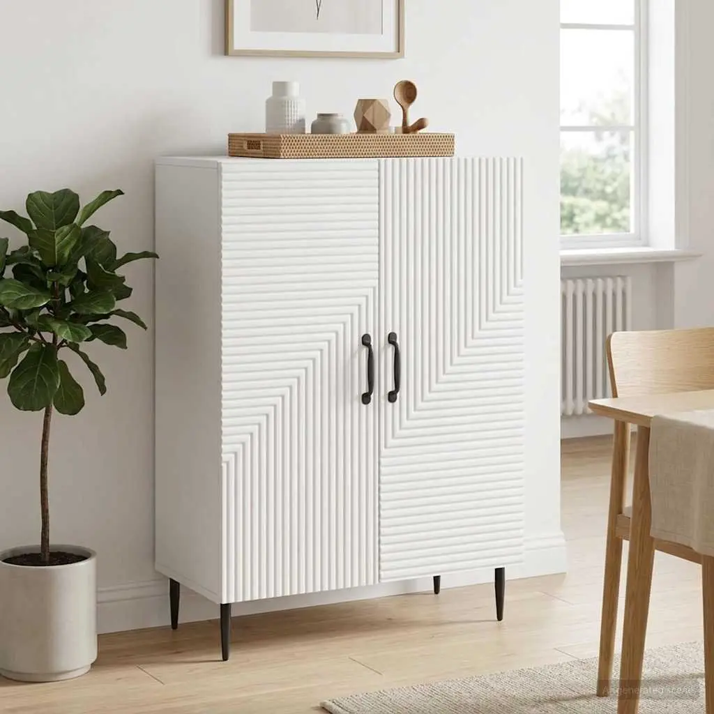 Sideboard White Engineered Wood Modern Storage Cabinet with Open Shelves and Metal Accents