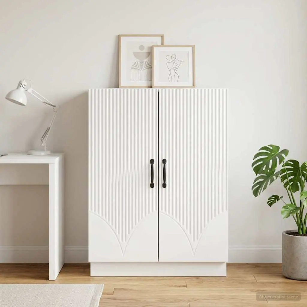 White Sideboard Buffet Storage Cabinet Engineered Wood Multiple Compartments Drawers Shelves