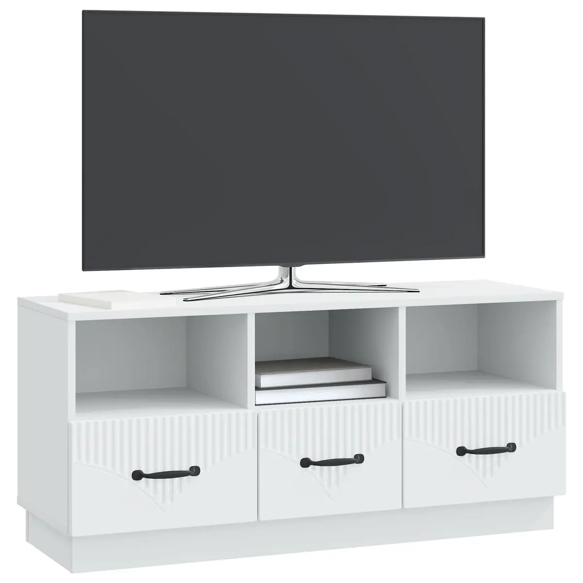 White Engineered Wood TV Cabinet with Drawer and Adjustable Shelves for Media Storage