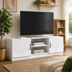 TV Cabinet White 150cm Modern Entertainment Unit Adjustable Shelves LED Lights