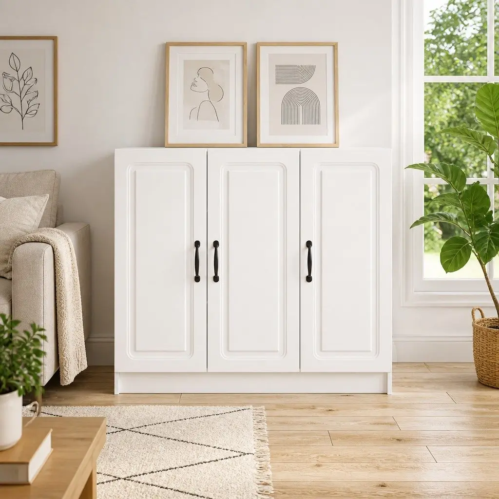 White Sideboard Storage Cabinet Modern Rectangular Engineered Wood Furniture