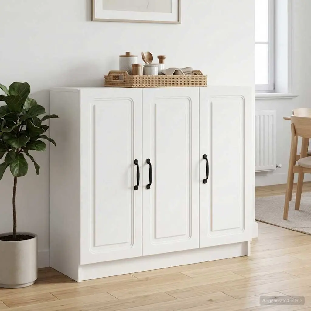 White Sideboard Storage Cabinet Modern Rectangular Engineered Wood Furniture