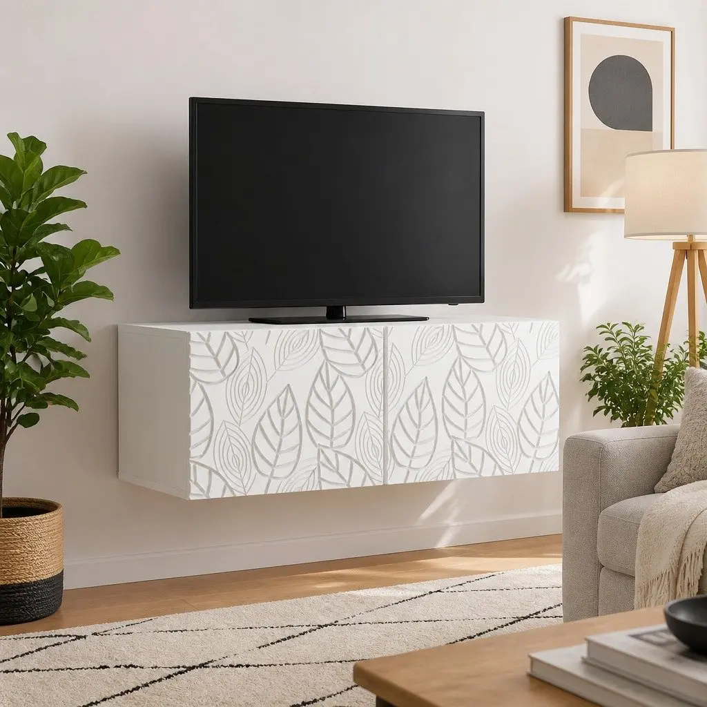 Wall Mounted TV Cabinet Storage Unit White Engineered Wood 78.5 x 31 cm with 90 Degree Swing Hinge Doors for Living Room
