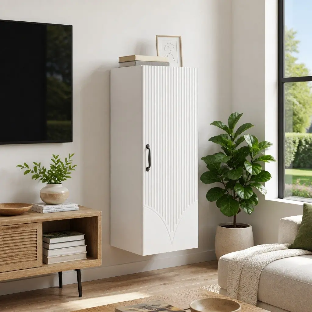Wall-Mounted Storage Cabinet 90cm White Modern Engineered Wood Shelving Unit