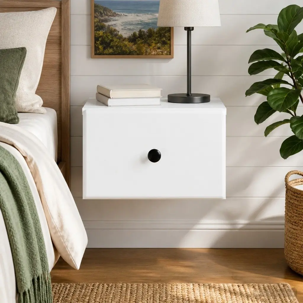 Wall-Mounted Bedside Cabinet White Compact Storage Drawer for Bedroom Living