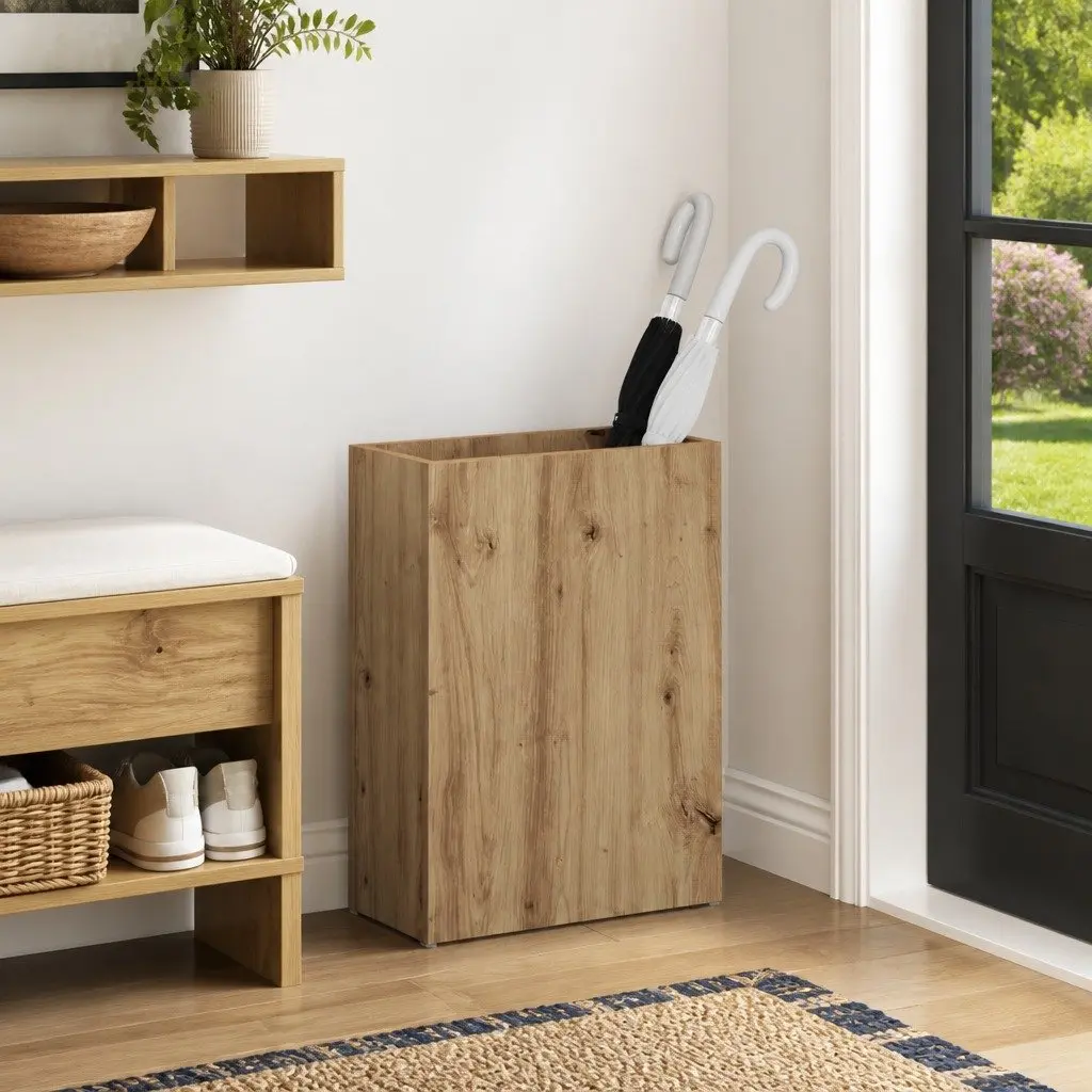 Umbrella Stand Rectangular Brown Engineered Wood Multiple Compartments for Entryway Hallway Storage