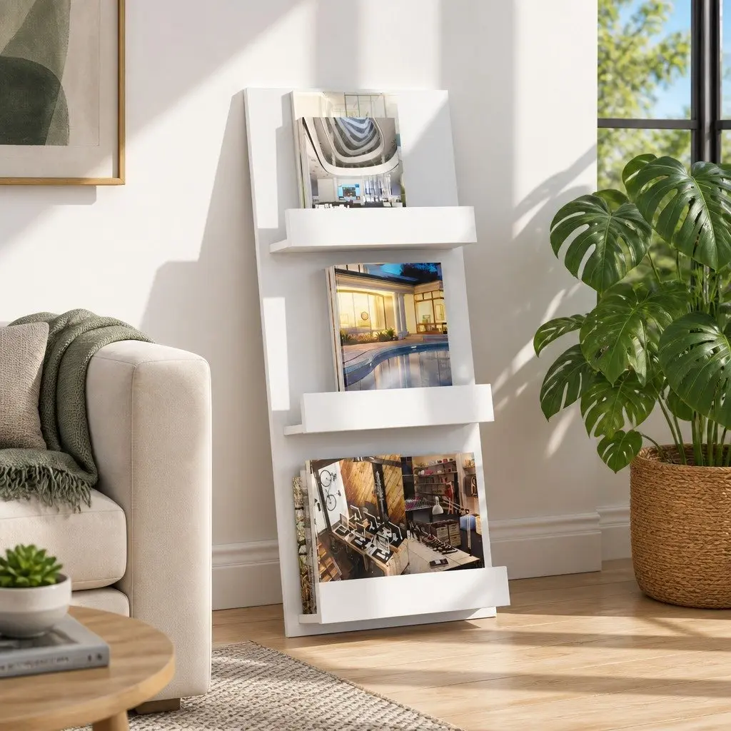 Magazine Rack with Shelf White Storage Organiser Living Room Office Bedroom 43cm