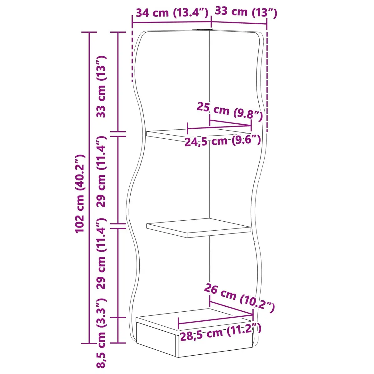 Corner Shelf White 34x33x102cm Wave Design Wall Storage Shelving Unit Modern