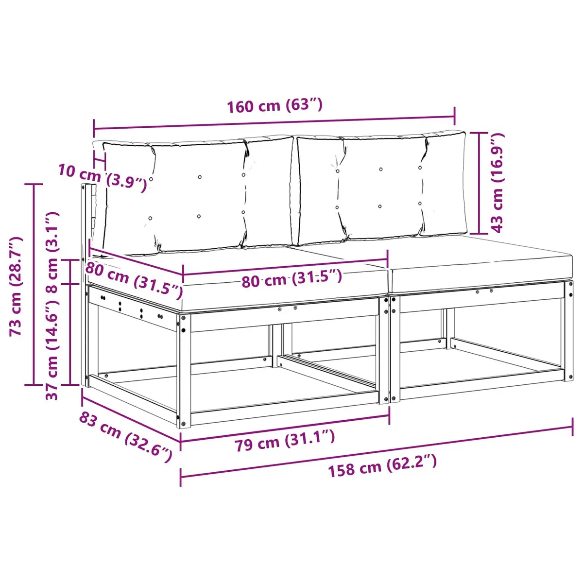 Outdoor Middle Sofa 2 Piece with Cushion Brown Modular Garden Sectional Seating