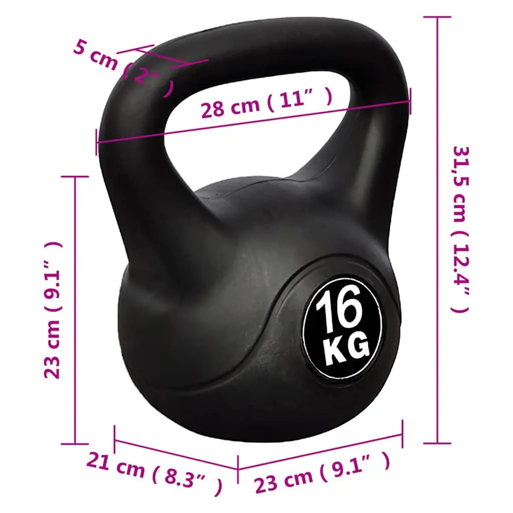 Kettlebell 16 kg Black Concrete Core Plastic Coated Strength Training Home Gym Exercise Equipment