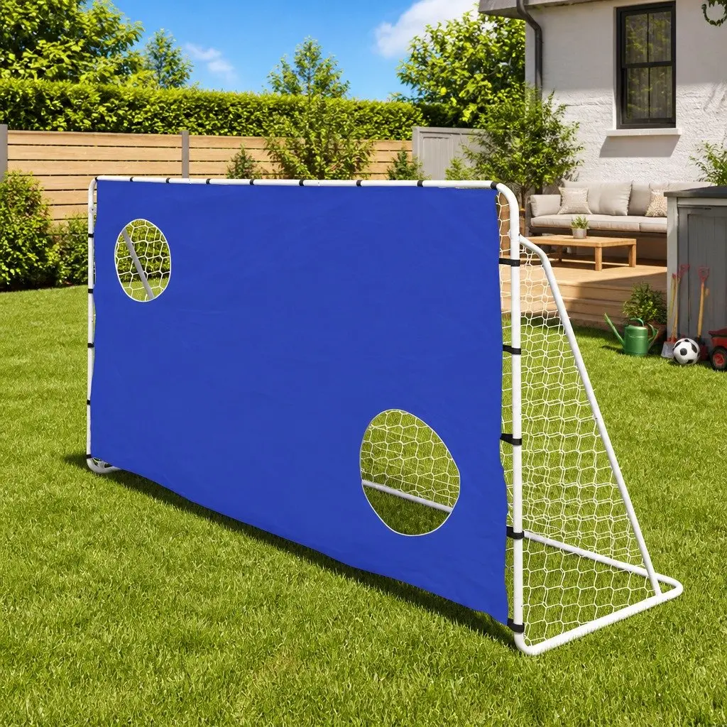 Football Goal Net 240 x 92 x 150 cm Steel Frame with Aiming Wall Blue