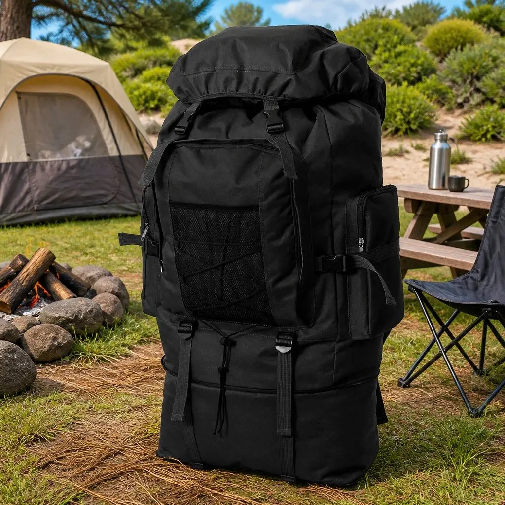 Outdoor Backpack 100L Black Expandable Height Adjustable with Multiple Storage Compartments for Hiking Camping Travel