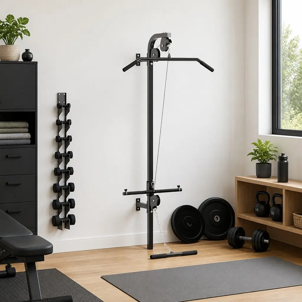 Home Gym System Wall-Mounted Dual Pulleys Lat Pull Down Bar Steel Construction