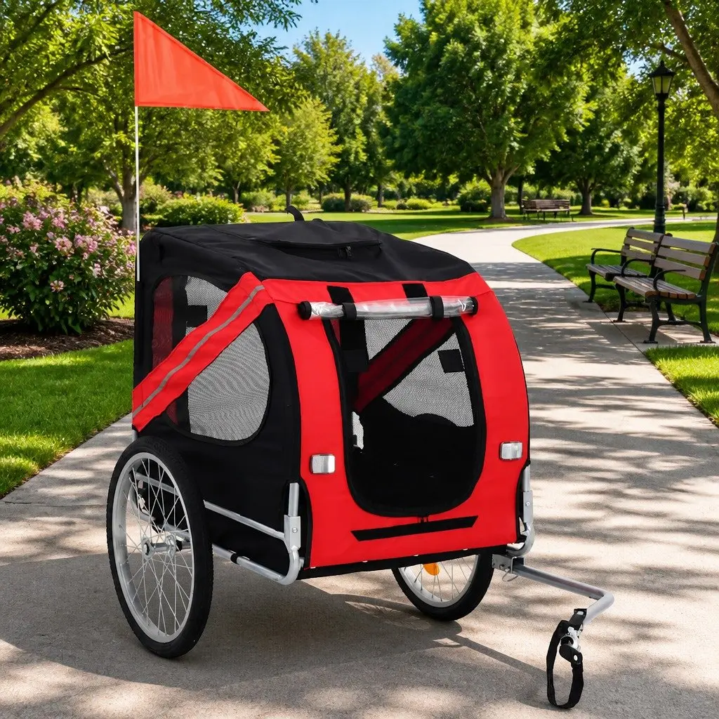 Pet Bike Trailer Foldable Dual Entry Mesh Windows Durable Steel Frame