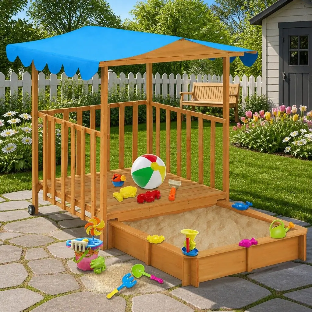 Kids Playhouse with Sandbox Fir Wood Blue UV50 Protection Outdoor Garden