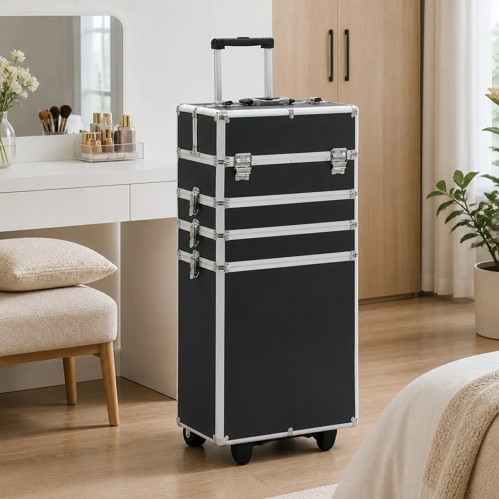 Cosmetic Trolley 4 Tier Portable Beauty Case Storage Organizer with Extendable Trays Black