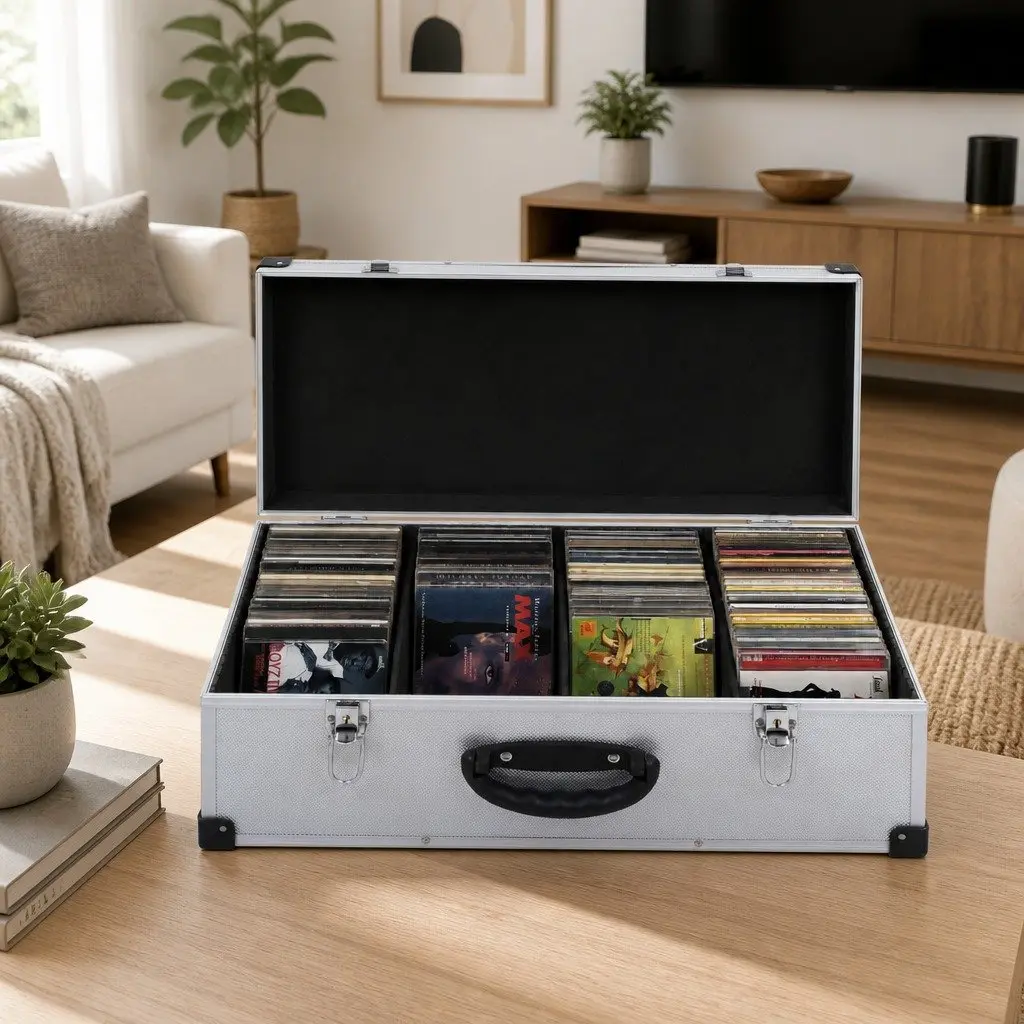 CD Case 80 CDs Lockable Silver Wood ABS Aluminium Trimming Storage Box