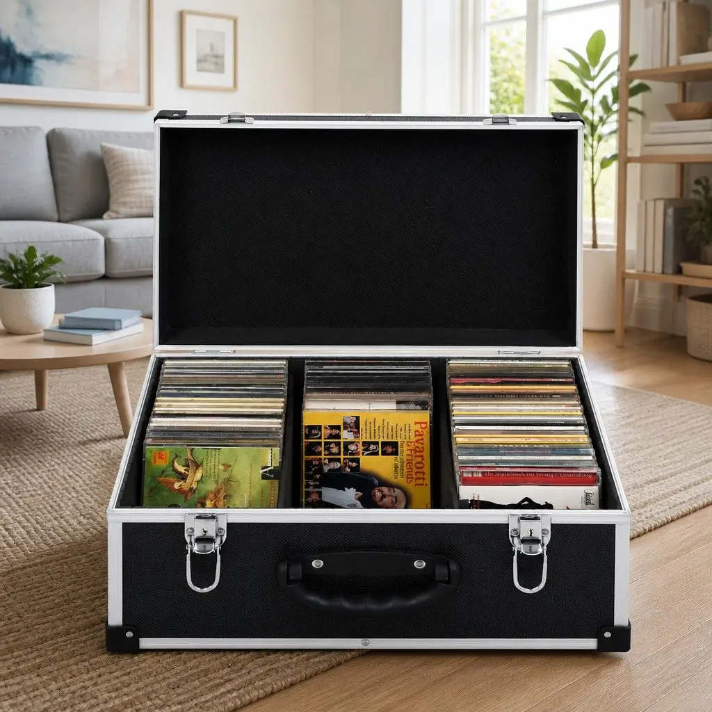 CD Case 60 Capacity Black Storage Organiser with Aluminium Trim and Lock Keys