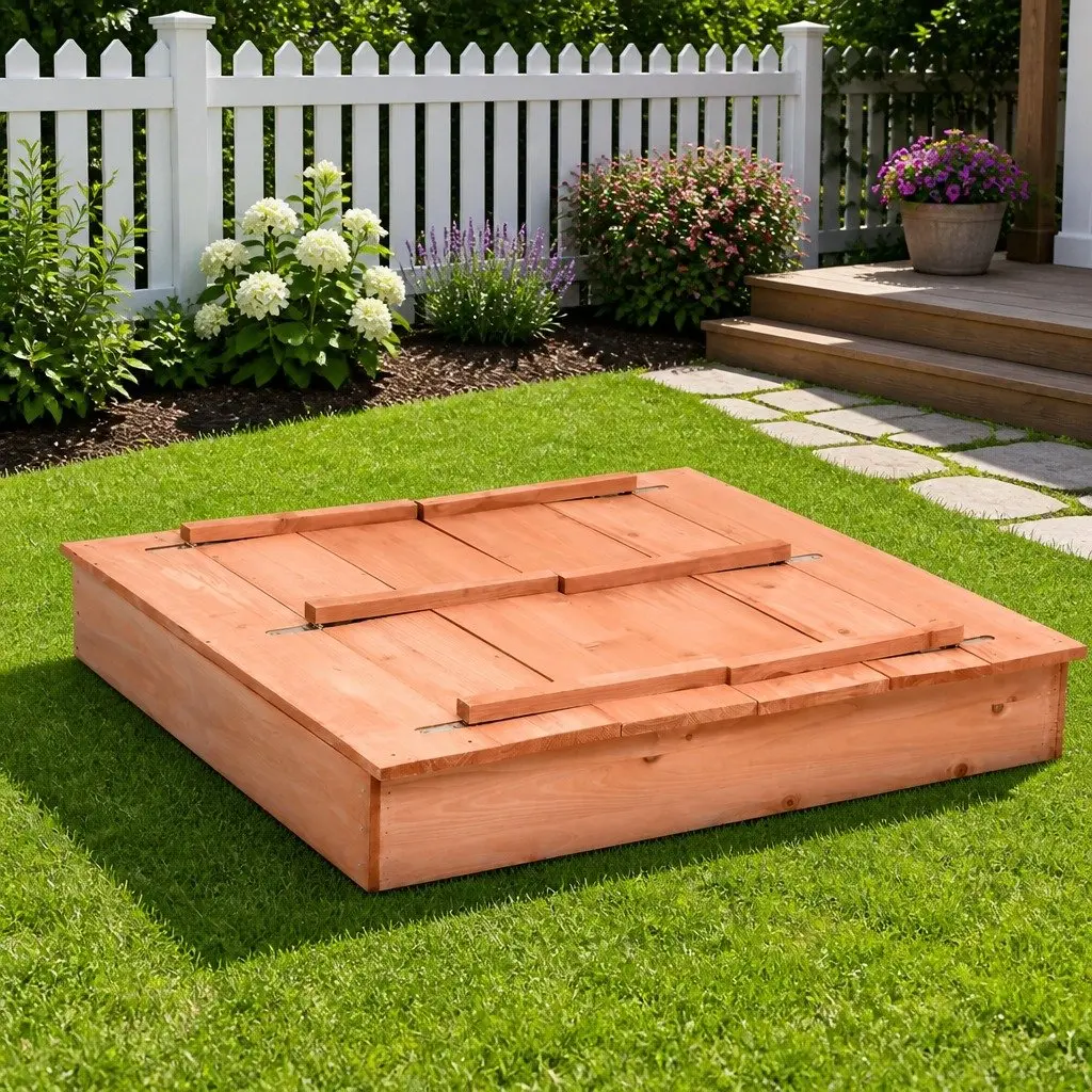 Wooden Sandbox 95x90x15cm Brown Folding Lid Converts to 2 Bench Seats