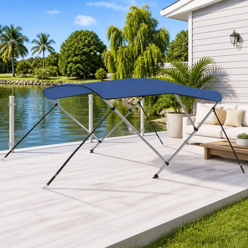 3 Bow Adjustable Boat Canopy Blue 185 to 198 cm Width UV and Water Resistant Polyester Cover