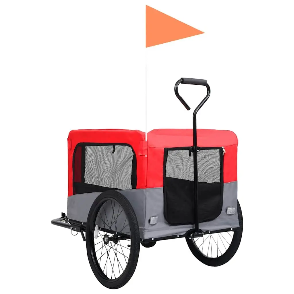 Pet Bike Trailer Jogging Stroller 2-in-1 Red Grey Convertible Durable Steel Frame