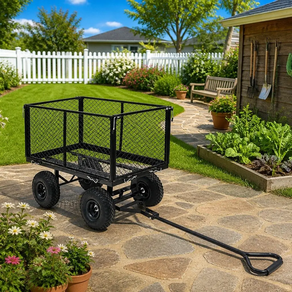 Garden Hand Trolley Black Heavy Duty Steel Cart 350kg Load Capacity Pneumatic Wheels