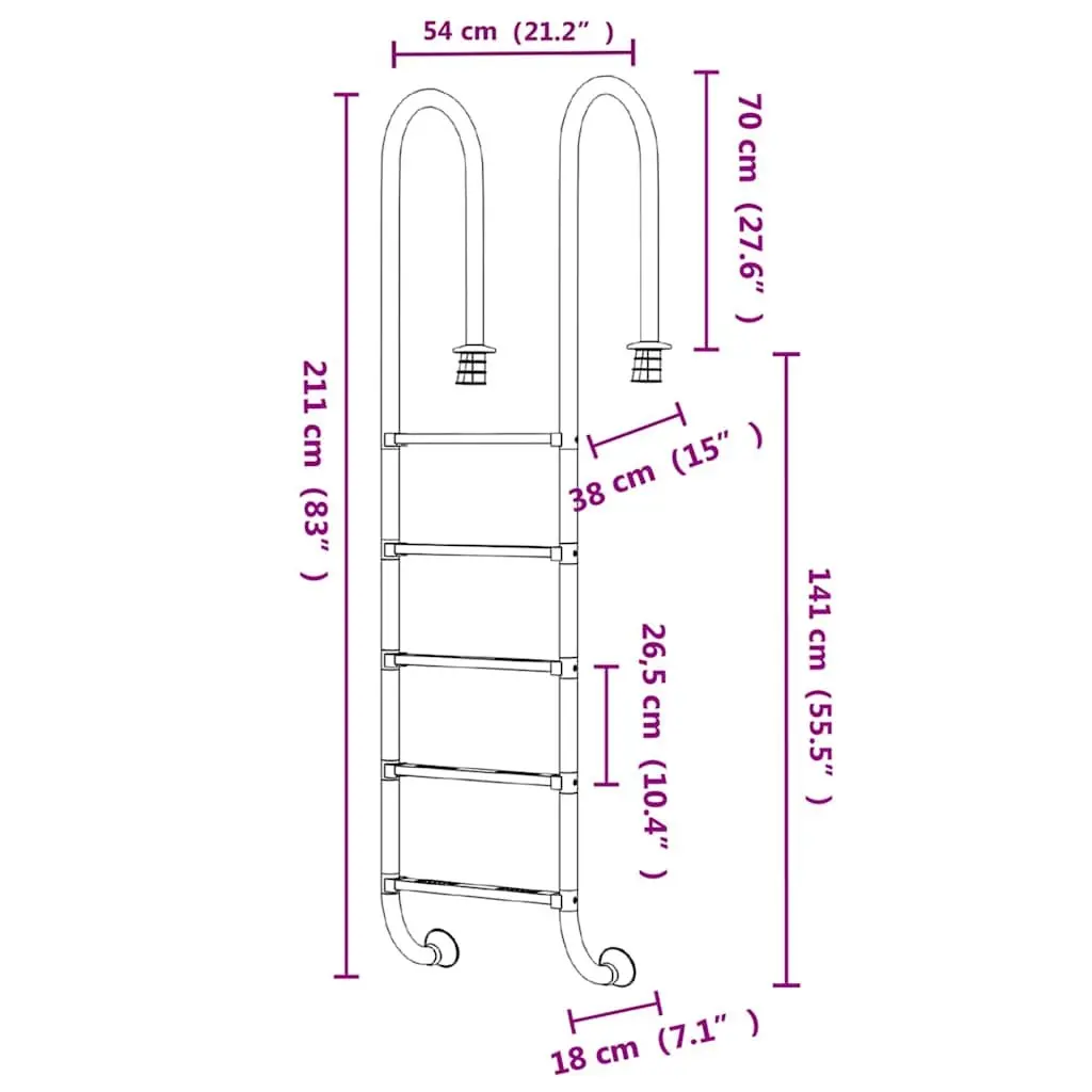 Pool Ladder 54x38x211cm Stainless Steel Non-Slip Steps for Safe Access to Swimming Pools Spas Water Parks