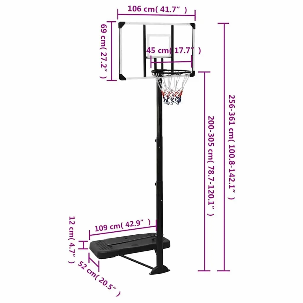 Basketball Hoop Stand Adjustable 256-361cm Transparent Polycarbonate Portable with Steel Rim and All-Weather Nylon Net