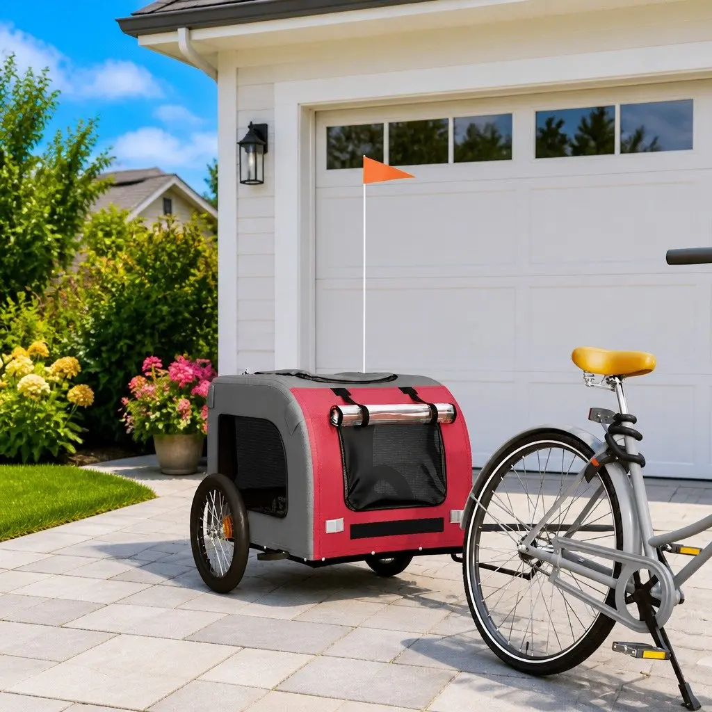 Pet Bike Trailer Red Oxford Fabric Iron Frame for Small Dogs