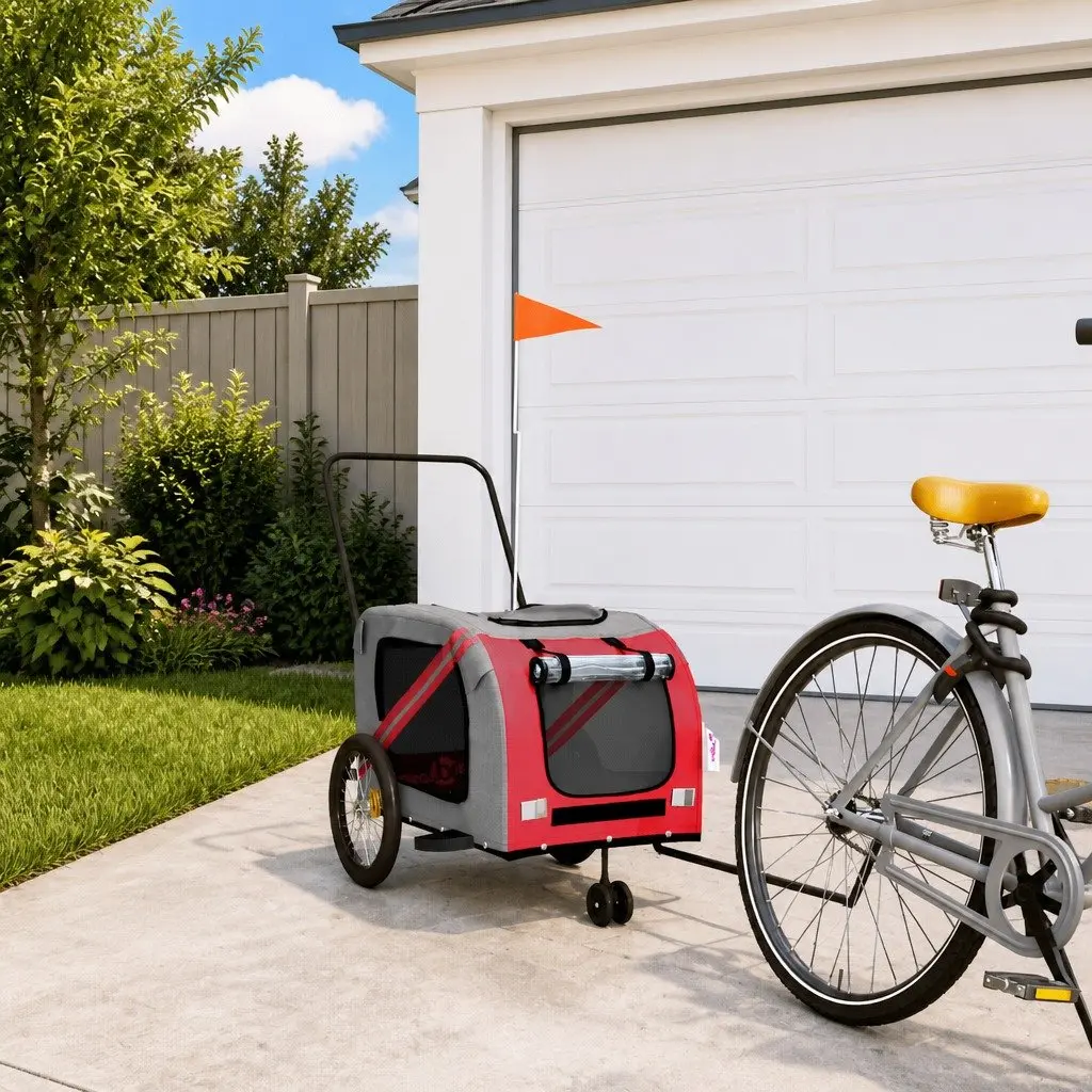 Pet Bike Trailer Small Dogs Iron Frame Oxford Fabric Red Grey