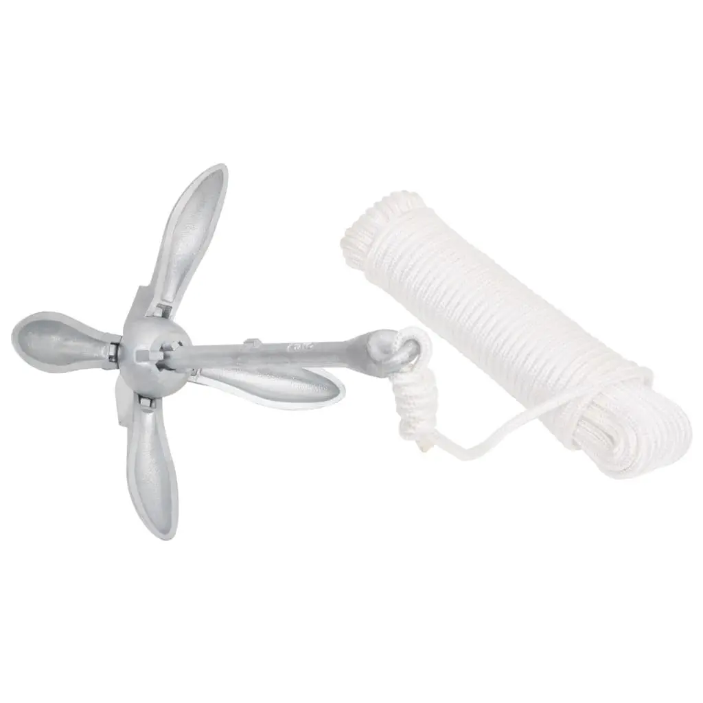 Folding Anchor with Rope 1.5kg Silver 4-Claw Grapnel for Boat Dinghy Kayak