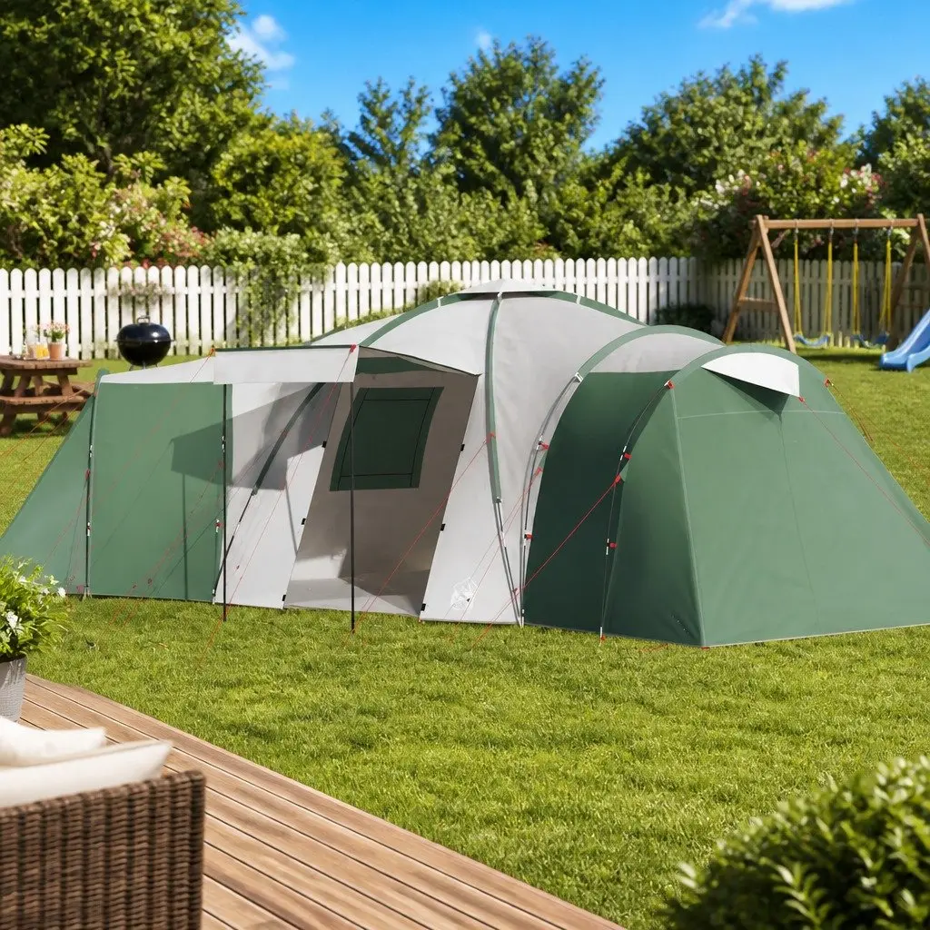 Family Dome Tent 12-Person Green Waterproof with Detachable Rainfly