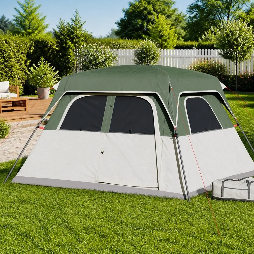 Camping Tent 6-Person Green Waterproof Cabin Detachable Rainfly Mosquito Protection