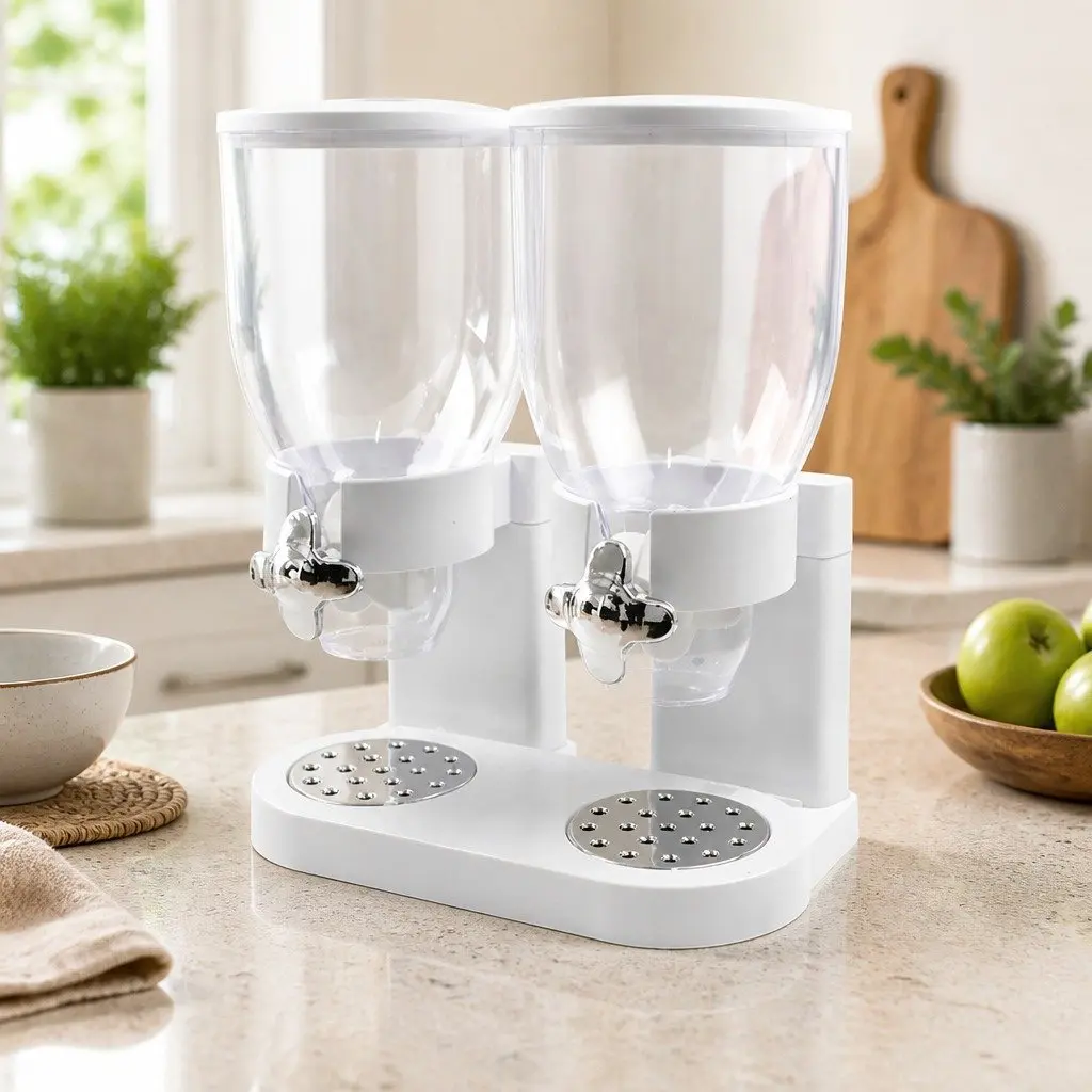 Double Cereal Dispenser 3.5L Portion Control Twist Knob White