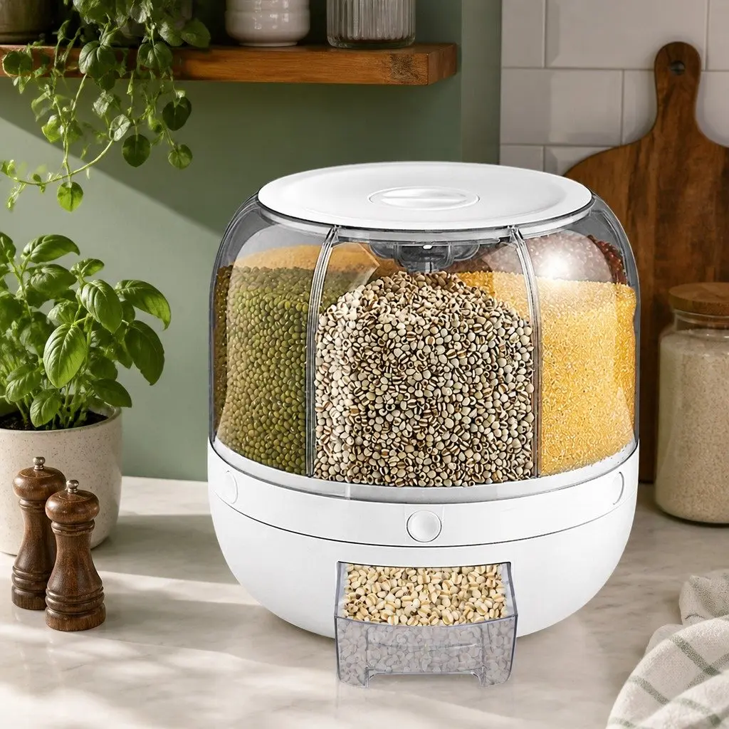 Cereal Dispenser 10kg Rice Storage Container Rotating Dry Food Organizer