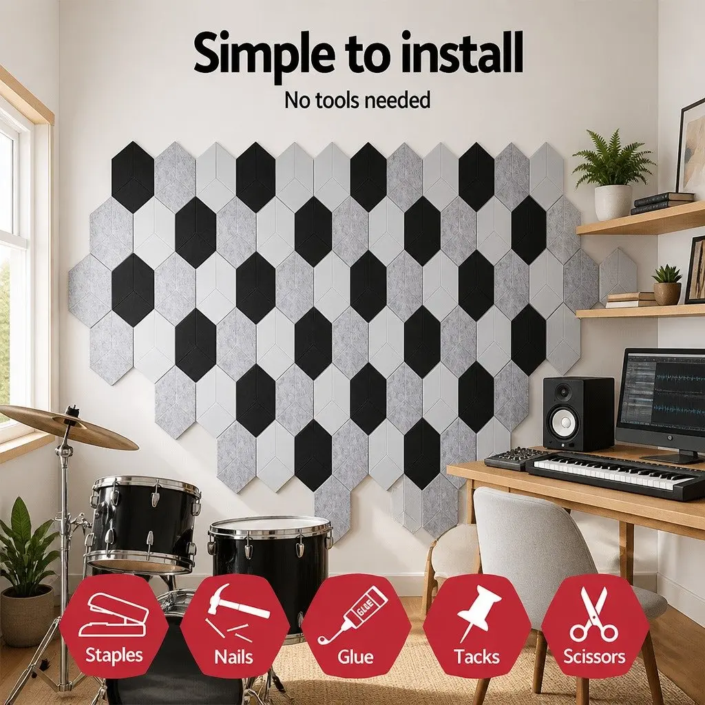 Acoustic Foam Soundproof Panels 12 Piece Hexagonal Tiles High Density White