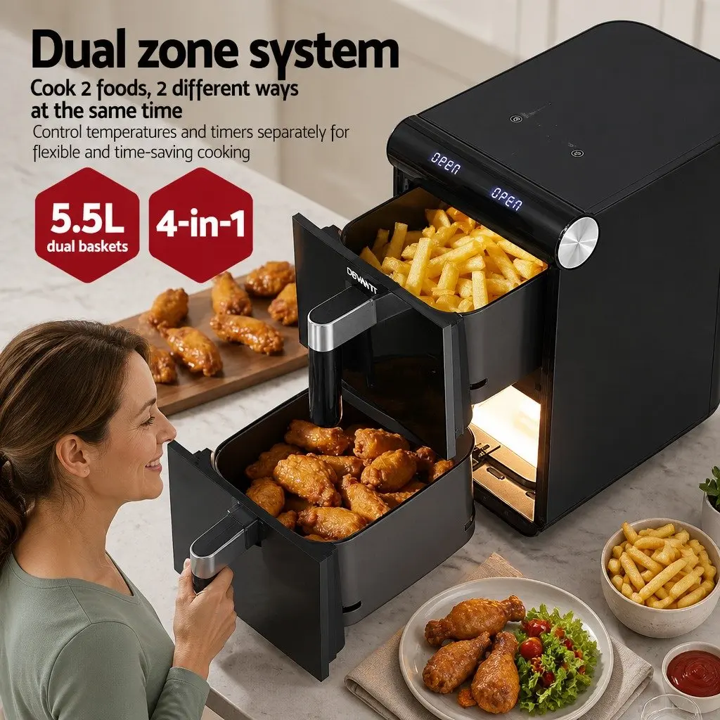 Air Fryer 11L Dual Zone Cooking Black Two Baskets Independent Temperature Control