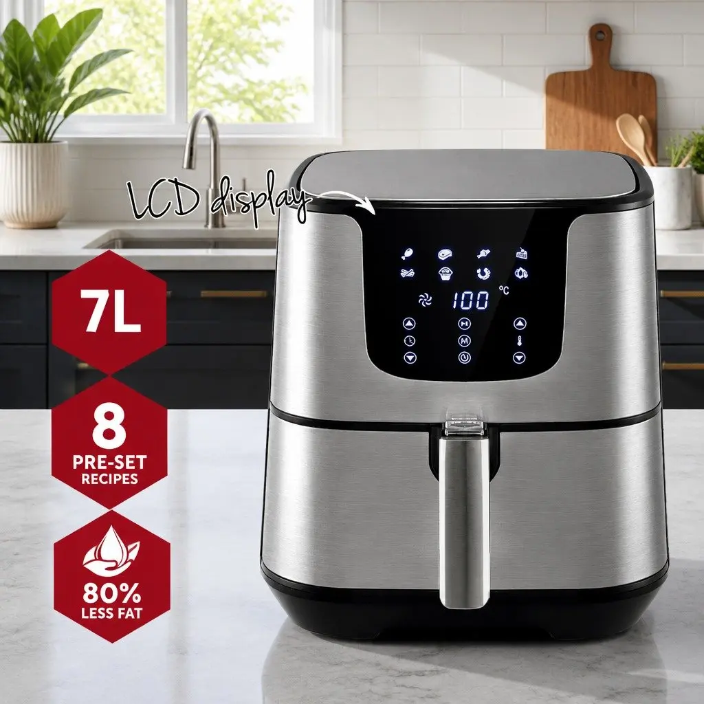 Air Fryer 7L LCD Touch Control Black Stainless Steel Kitchen Cooking Frying