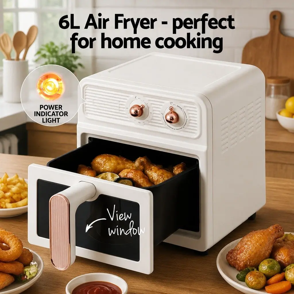 6L Air Fryer Knob Control 1700W Cream 360° Hot Air Circulation