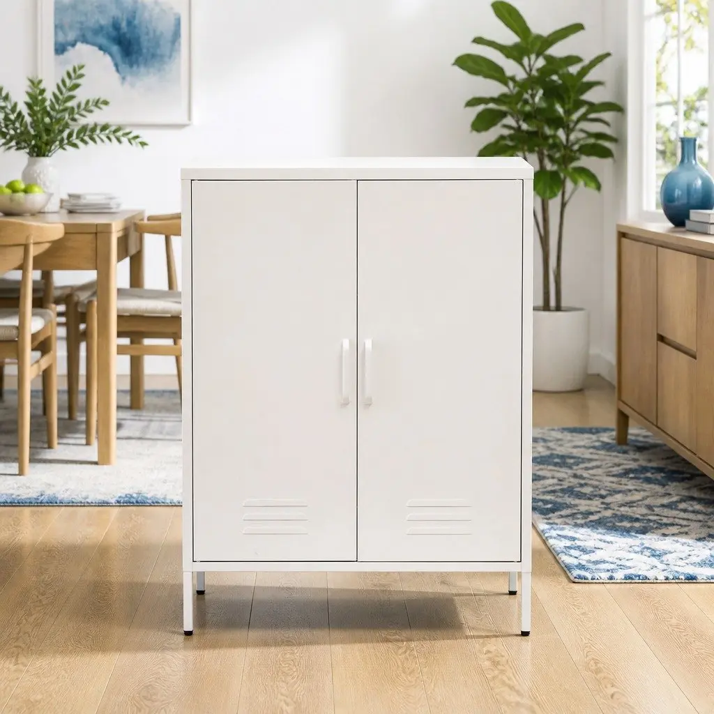 White Metal Buffet Sideboard Cabinet with Adjustable Shelves and Hooks