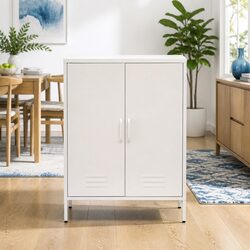 White Metal Buffet Sideboard Cabinet Storage with Adjustable Shelves and Hooks