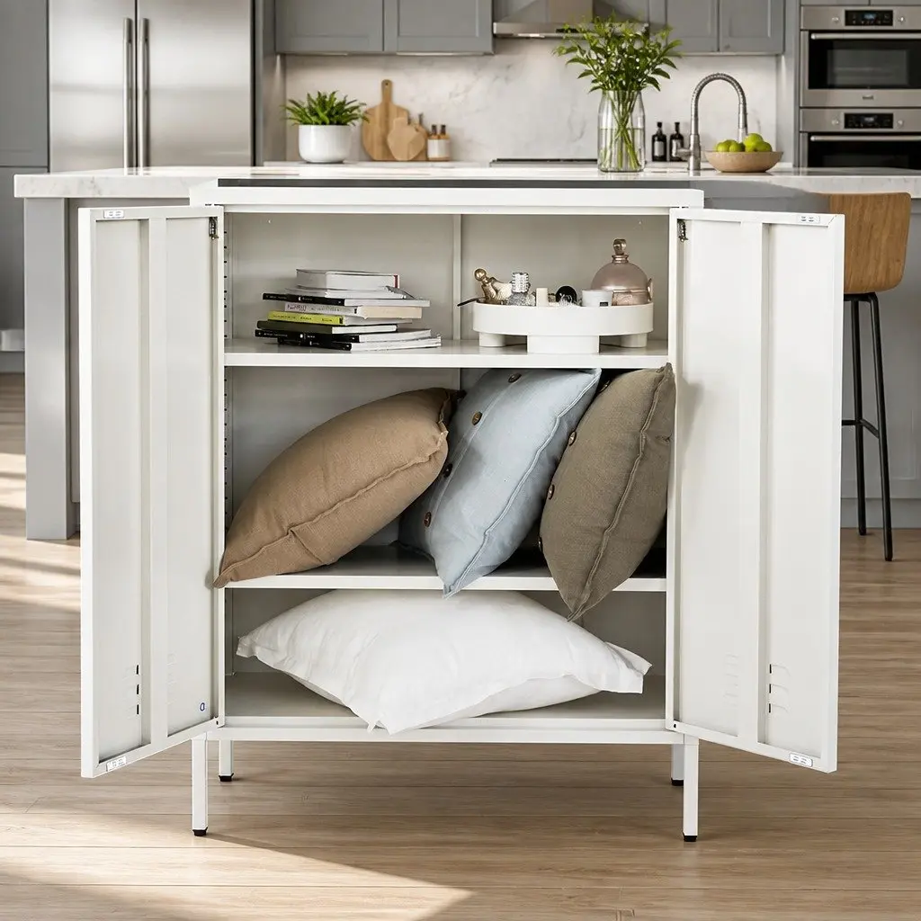 White Metal Buffet Sideboard Cabinet with Adjustable Shelves and Hooks